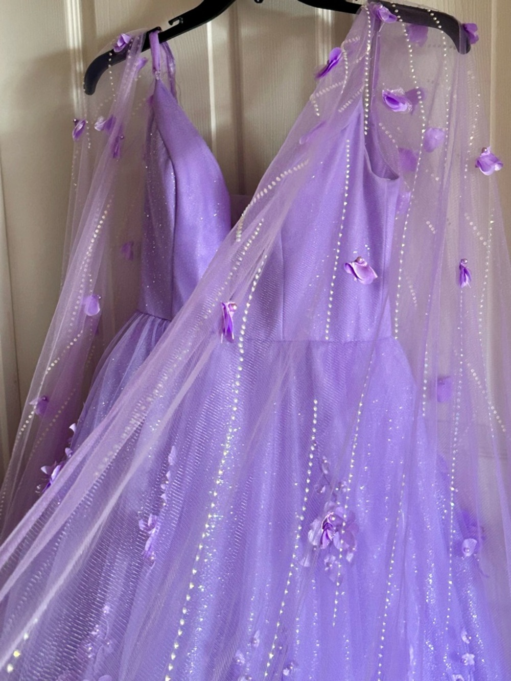 Ellie Wilde Lilac Embroidered Lace Organza Sparkly Prom Dress w/Cape‎ Sleeves 6 - Picture 9 of 16